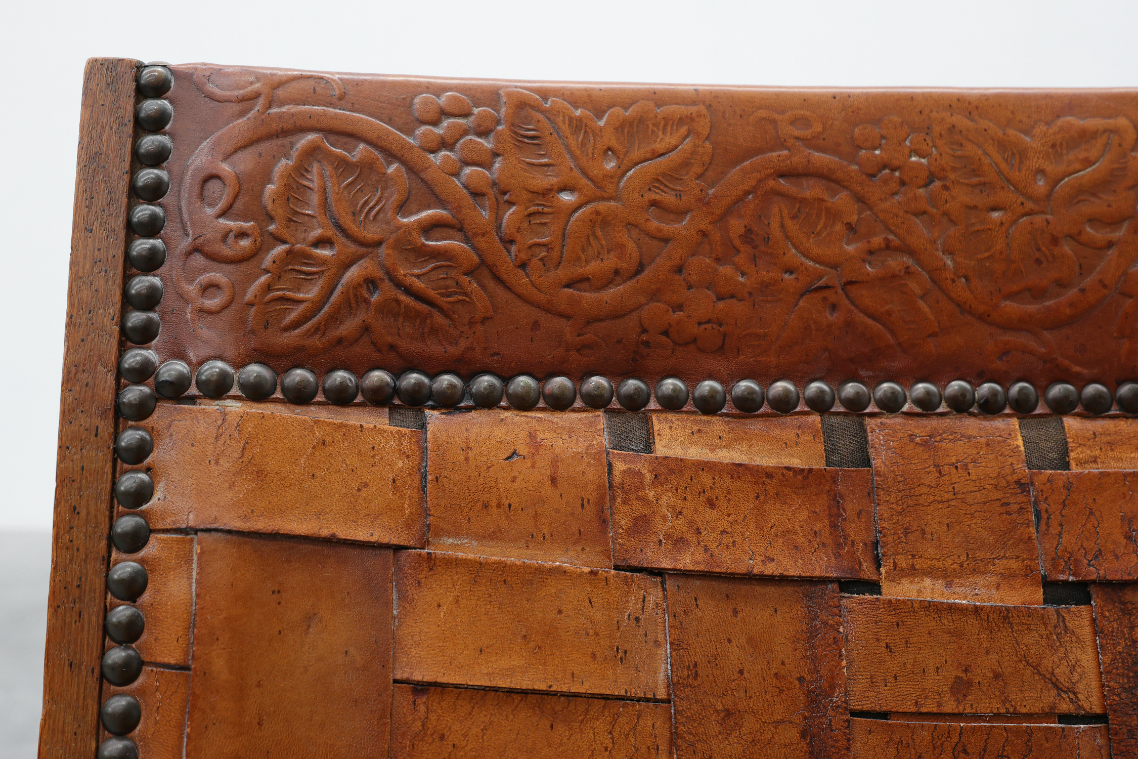 Art Deco Oak Lounge Chair with Woven Leather Back and Ochre Velvet, Belgium, 1920sthumbnail